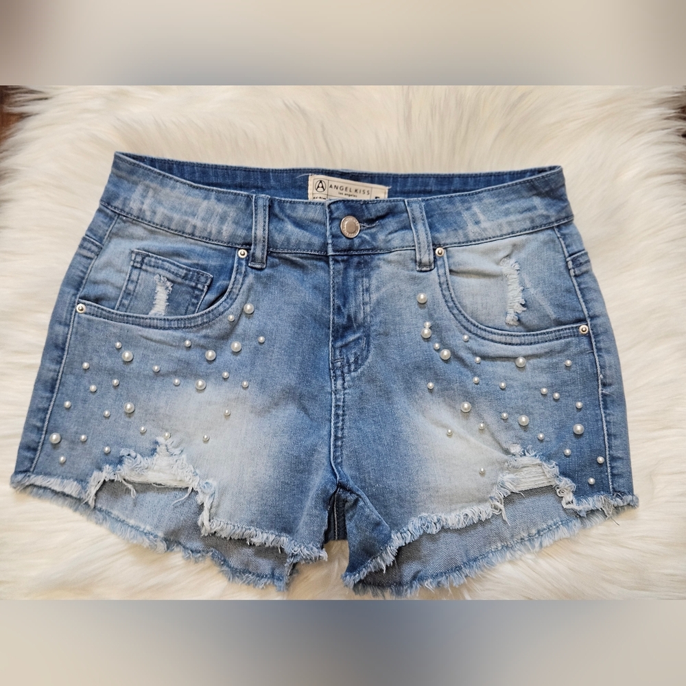 Angel Kiss Women's Blue Jean Shorts with Pearl Accents